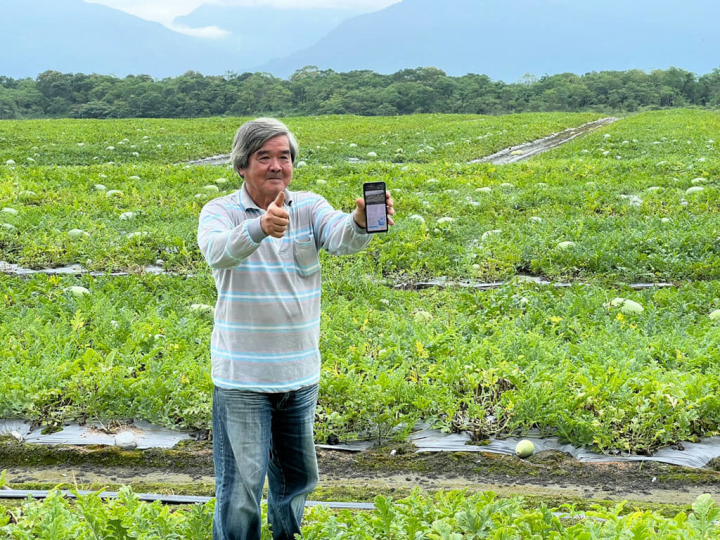 花蓮生產的大西瓜每年採收期，瓜農得睡在田間守護防宵小盜採；東華大學師生開發以再生能源供電的紅外線電子圍籬防盜系統幫助瓜農減輕負擔，楊姓瓜農操作示範。（東華大學提供）