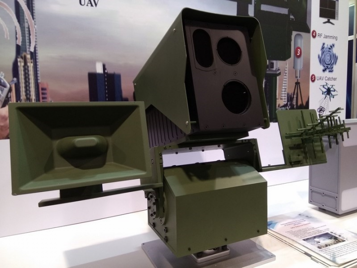 A model of an unmanned aerial vehicle (UAV) defense system prototype. CNA photo
