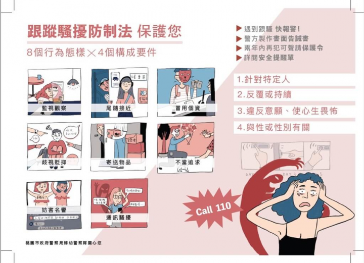桃園市警察局婦幼警察隊表示，由於民眾較難理解「跟蹤騷擾防制法」生硬法條，因此婦幼隊特別與旅德插畫家徐沛瑄合作，將跟騷行為4大構成要件及8大行為態樣繪製成生動插畫，讓民眾更容易了解。（桃園市警局婦幼警察隊提供）