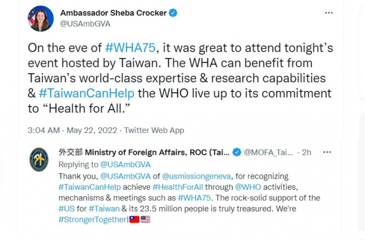 美國駐日內瓦聯合國大使克羅克（Sheba Crocker）推文力挺台灣。 (圖:推特)