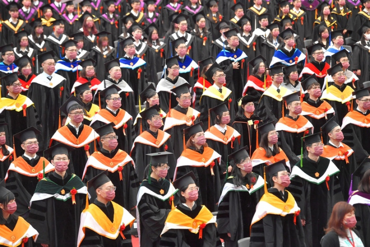 國立台灣大學畢業典禮21日在綜合體育館舉行，今年 學士班、碩士班、博士班畢業生共約1萬人，受 COVID-19疫情影響，近700名畢業生代表出席，台大 同步開放線上直播。