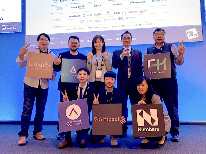 科技部TTA率團參加英國「倫敦科技週」(London Tech Week)，６家科技新創入圍代表臺灣參加國際發表會( International Elevator Funders Pitch)13日站上展會焦點舞台（左上至右下依序，智聯科技、奇策智能雲端、科技部產學及園區業務司司長許增如、駐英國台北代表處科技組組長邱國峰、鉅怡智慧、奎景運算科技、芯符、主張數據）