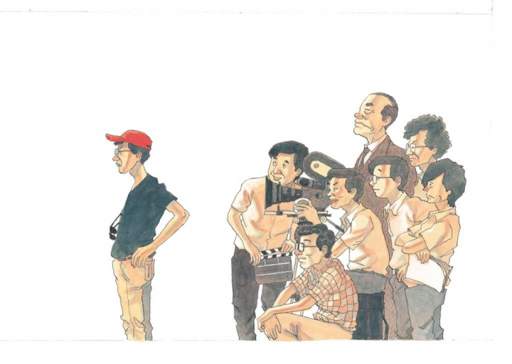 漫畫家小莊以漫畫「潮浪群雄」重返1980年代，描述當年會計系學生吳念真（右1）和生物系學生小野（右3），如何在時任中央電影公司總經理明驥（右4）鼓勵下，和楊德昌、陶德辰、柯一正及張毅等青年導演寫歷史新頁。（大辣提供）