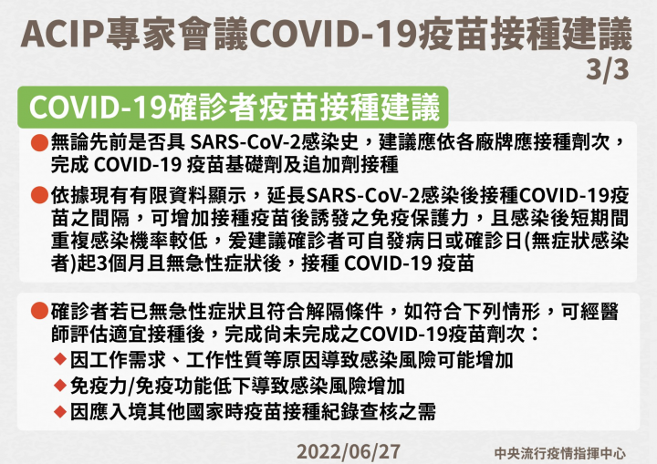 COVID-19確診者疫苗接種建議