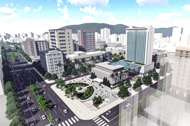 位於高雄市中正路的「高雄舊市議會」經多年閒置，市府啟動公辦都更暨招商，規劃融合改造新舊建物，延續既有建物歷史，也串接週遭金融新創產業，盼成首例以文化歷史為基底的都更。圖為示意圖。（高雄市政府提供）