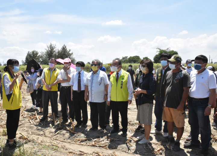 農糧署、台灣大豆產業策略聯盟12日在雲林舉辦大豆玉米輪作暨自動化機械示範，農糧署長胡忠一（前右4）、民進黨立委蘇治芬（前右3）等人出席參觀，聽取導覽解說。