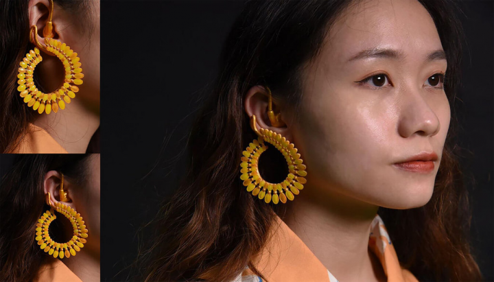 台北科技大學工業設計系接受華科慈善基金會委託，以時尚設計翻轉助聽器的形象，其中學生陳思妘作品Sunfee，以向日葵的放射狀朝耳下延伸，產生規律美感，希望暖陽時刻陪伴每一個需要的人。（台北科技大學提供）