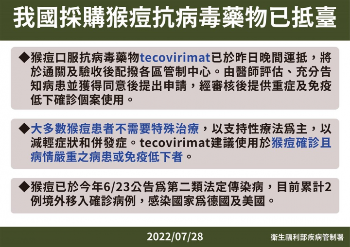 衛福部疾管署28日表示，台灣向國外採購猴痘口服抗病毒藥物，已於27日晚間抵台。（指揮中心提供）