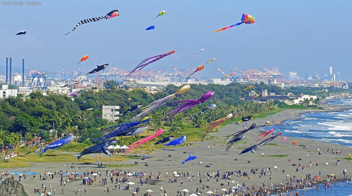 「2022旗津風箏節」20、21日在高雄旗津海水浴場登場，以「大魚世界」為主題，上百隻大魚造型風箏在旗津沙灘上空飛舞，相當壯觀，吸引遊客爭睹。（高雄市觀光局提供）