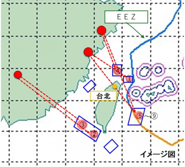 日本政府表示，中國4日發射的5枚彈道飛彈落入日本專屬經濟區，防衛省推定當中4枚飛越台灣上空。（圖取自日本防衛省網頁mod.go.jp）