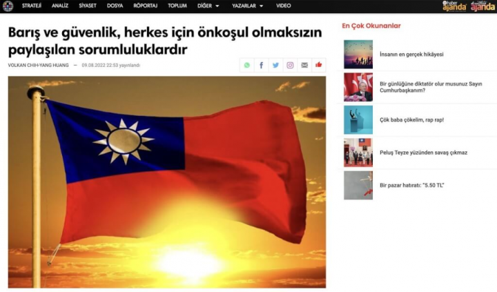 駐土耳其代表黃志揚9日以「和平與安全是共同責任，不應有前提」為題，投書當地重要媒體「新聞時事」。（取自https://haberajandanet.com/）