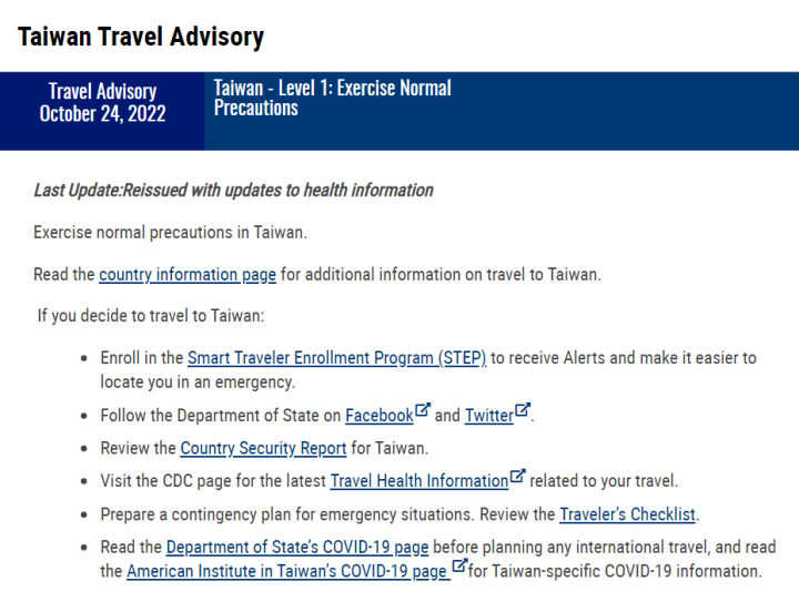 美國國務院24日已將對台灣旅遊建議(Travel Advisory)自第3級調降至第1級。(擷取自travel.state.gov)