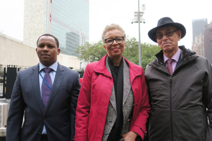 From left to right: Thamie Dlamini, Eswatini's permanent representative to the U.N., Inga Rhonda King, permanent representative of St. Vincent and the Grenadines to the U.N. and Carlos Fuller, Belize's permanent representative to the U.N. poses for a photo outside Headquarters of the United Nations after submitting a joint letter in support of Taiwan.