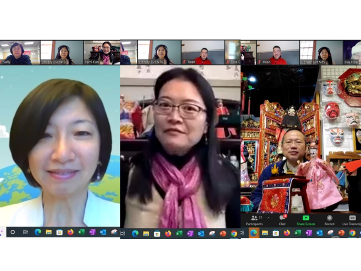 左起為致詞嘉賓文教中心主任吳曉竹、講師邢台睿、特別嘉賓布袋戲偶大師林銘文