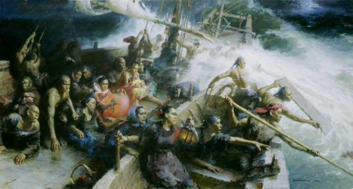 冉茂芹〈先民渡海─海峽夜浪〉160×300㎝_1996