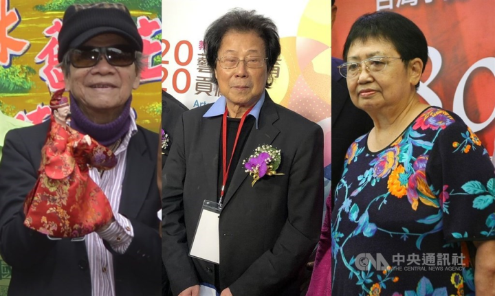 From left: master of traditional glove puppetry Huang Chun-hsiung, theater performance arts educator Wu Jing-jyi and violinist Li Shu-de.