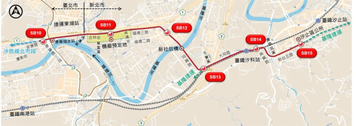 汐東線銜接捷運文湖線的東湖站，行經內湖蘆洲里，至社后設機廠及車站，往東至同興路至大同路向東，沿大同路穿過北二高與樟樹灣站及汐科站，轉康誥坑溪轉往新台五路至汐止區公所設置終點站，沿途設站可轉乘基隆捷運與台鐵。（新北市政府捷運工程局提供）