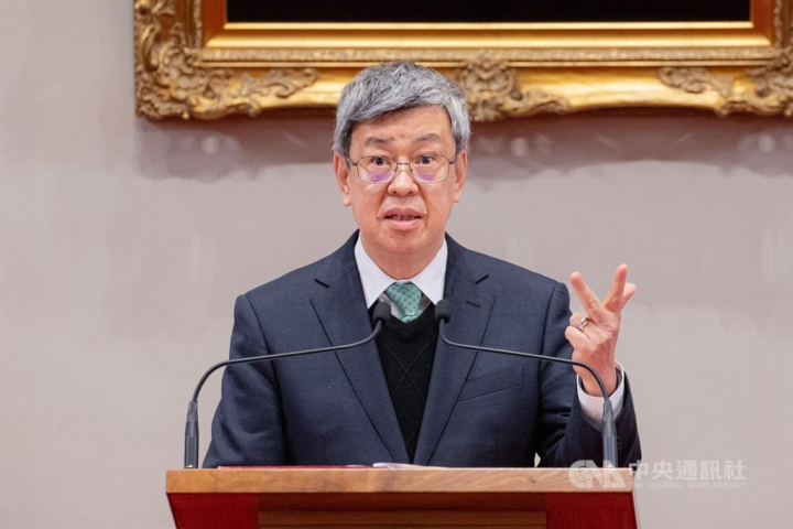 Former Vice President Chen Chien-jen, who has been appointed Taiwan's new premier, speaks to reporters at the Presidential Office on Friday. CNA photo Jan. 27, 2023
