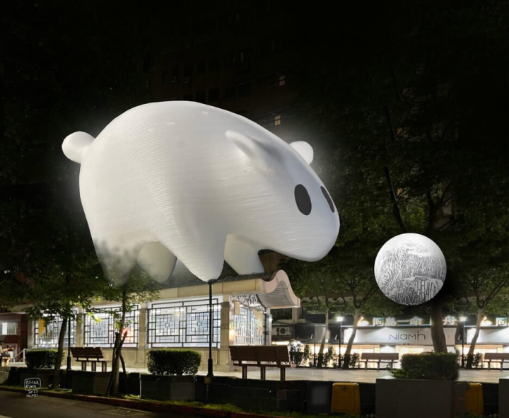 台北市政府觀光傳播局介紹，2023台灣燈會在台北「光源台北」規畫4大展區、368件作品，從捷運忠孝復興站一路延伸至台北101，希望民眾以「少量多餐」的方式走入台北。圖為捷運國父紀念館站1號出口站體上方的作品。（台北市觀傳局提供）