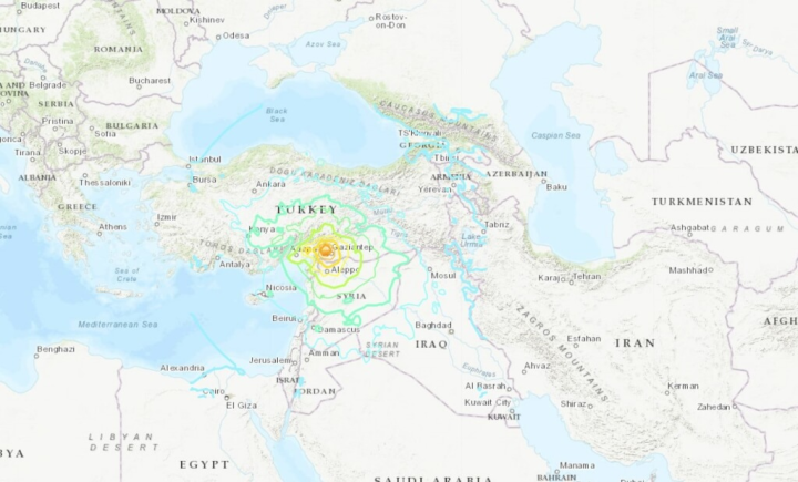 美國地質調查所表示，土耳其南部6日發生芮氏規模7.8地震。（圖取自美國地質調查所網頁earthquake.usgs.gov）