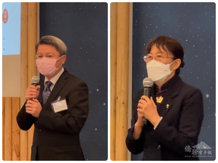 駐西雅圖處長甄國清(左)，西雅圖支會負責人常宏文師姐(右)致詞