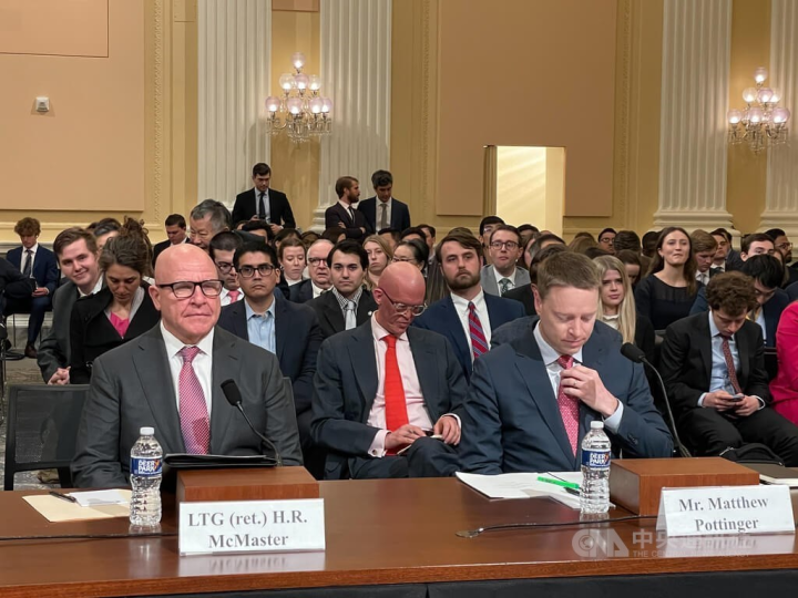 Retired U.S. Army lieutenant general H.R. McMaster, former U.S. Deputy National Security Advisor Matt Pottinger (front row left, right) testify at a hearing held by House's Select Committee on the Strategic Competition Between the United States and the Chinese Communist Party on Tuesday. CNA photo Feb.28, 2023
