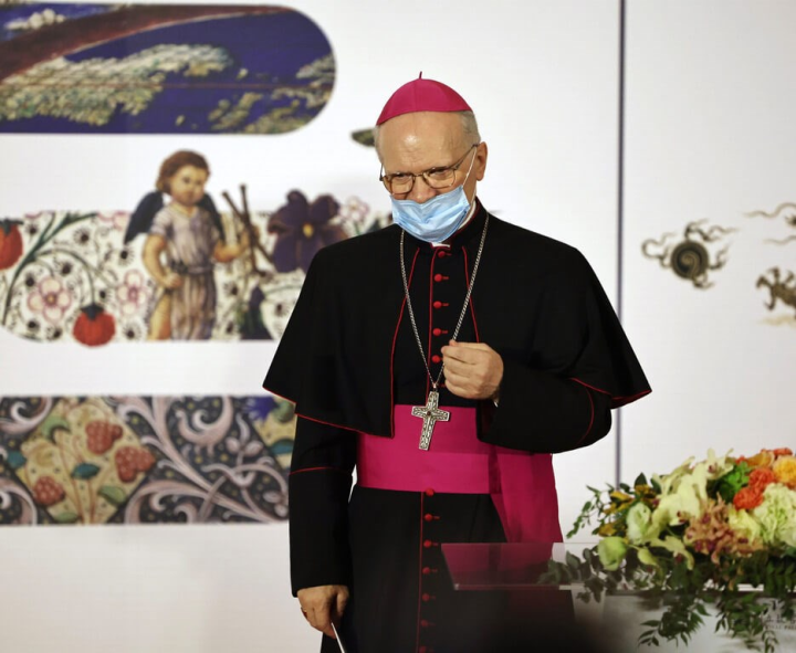 Archbishop Angelo Vincenzo Zani, an archivist and librarian of the Holy Roman Church, attends Friday's press conference for the exhibition in Taipei.