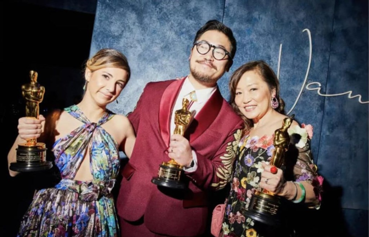 Daniel Kwan (center), his mother June Kwan (right) and wife Kirsten Lepore. Photo courtesy of June Kwan