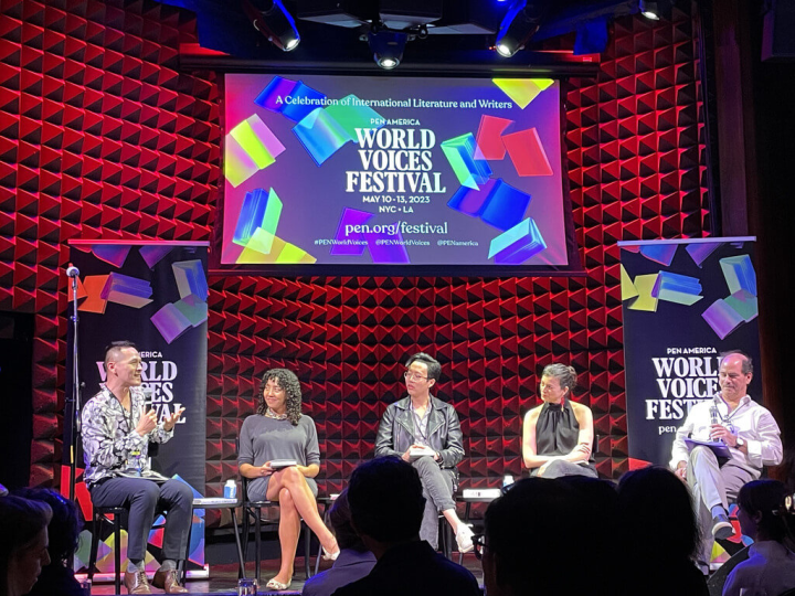 小說「鬼地方」作者陳思宏（左）12日在紐約參加美國筆會世界之聲文藝節活動，與3名國際作家談鬼故事。（駐紐約台北文化中心提供）