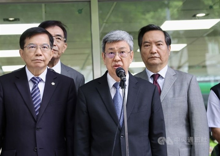 Premier Chen Chien-jen (center) is seen making comments in this file photo taken in Taipei. CNA photo May 9, 2023