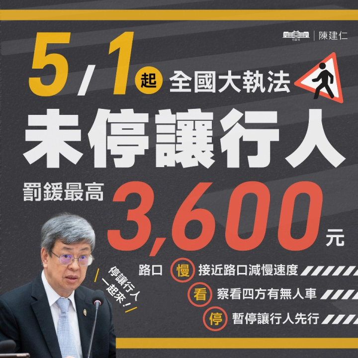 陳建仁晚間在臉書發文，強調「禮讓行人」應成為每個駕馭人的習慣。(圖：陳建仁臉書)