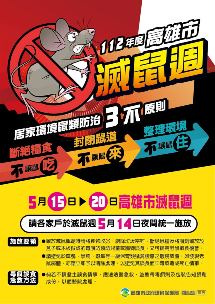 高雄市滅鼠週將於15日開跑，環保局表示，這次預定發放約40萬包滅鼠餌劑，12日起在各里辦公處免費索取。（高雄市環保局提供）
