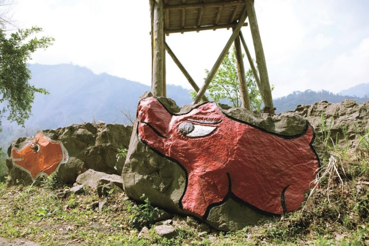 嘉義縣文化觀光局宣傳鄒族部落觀光，5月推薦有「山豬部落」之稱的阿里山鄉來吉村，沿途可看見充滿創意山豬石雕。（嘉義縣政府提供）