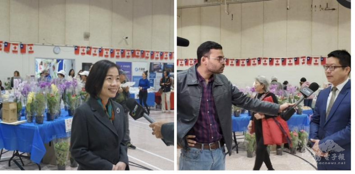 駐多倫多辦事處處長陳錦玲與多倫多文教中心主任藍柏青分別接受OMNI電視臺採訪