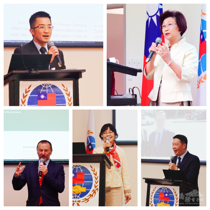 布里斯本文教中心主任歐陽群(左上)、僑務委員陳秋燕(右上)、羅富齡(中下)致詞