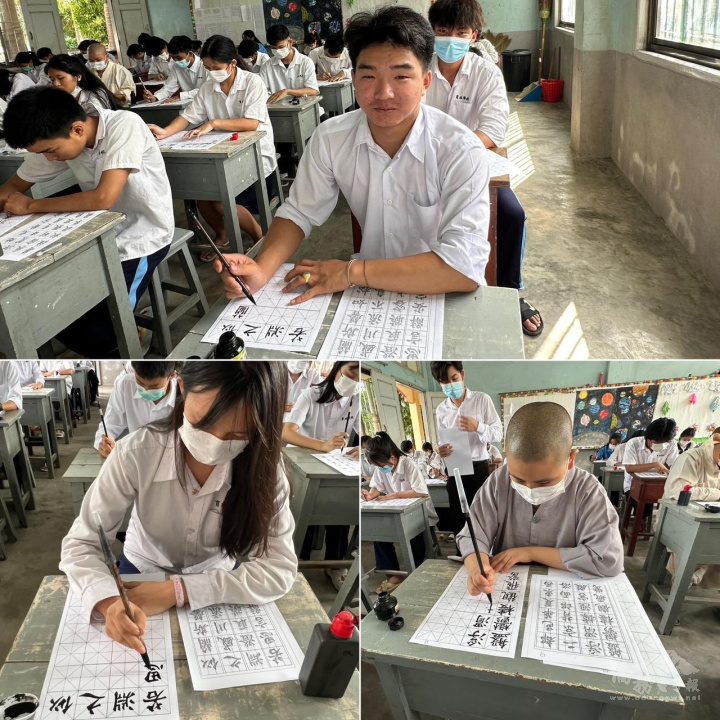 同學們個個坐姿端正，握筆規範，神情專注，用心臨摹名家字帖書寫每一筆畫、每一個漢字