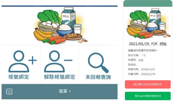 「Line食安通報小尖兵」食安通知及回報示意圖(國立成功大學創新數位內容研究中心提供）