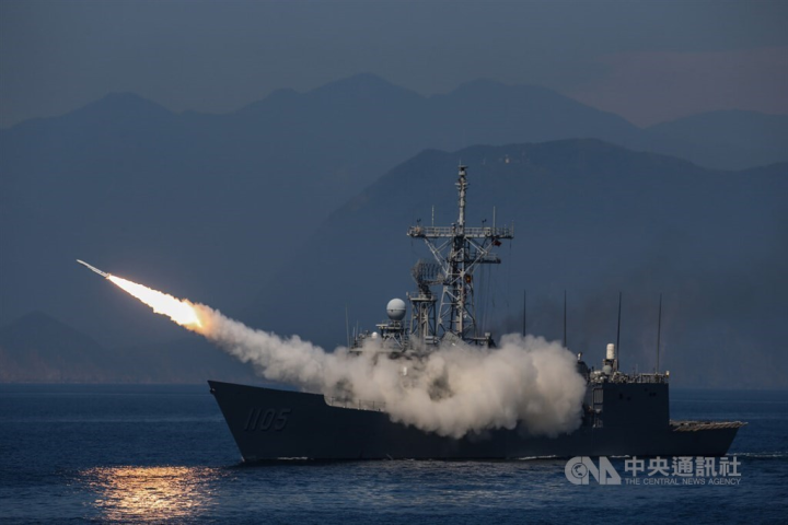 A navel vessel fires a missile during the Han Kuang military exercises off the coast of eastern Taiwan on July 26, 2022.