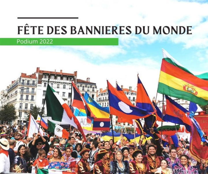 Event attendees carry their nations' flags in this promotional photo for the 2022 edition of Fête des Bannières du Monde. Image take from the Facebook of Comité des Fêtes de la Ville de Lyon