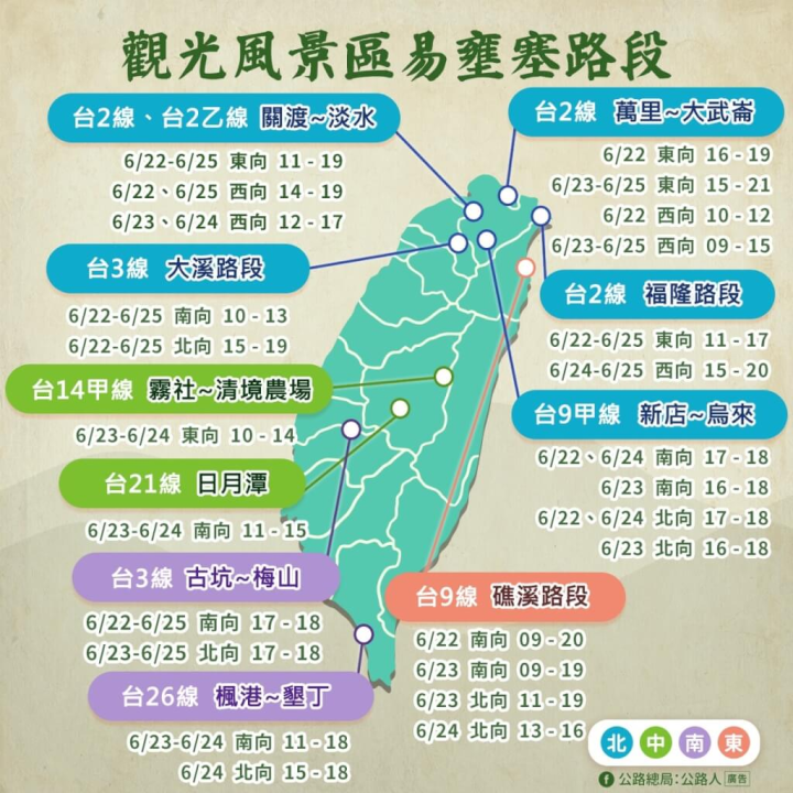 端午連假即將展開，公路總局預估旅遊車潮22日到24日出現，壅塞路段包含台9線蘇花路廊、山林戲水等觀光風景區路段。（圖取自facebook.com/thbroad）