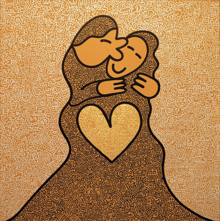 英國藝術家塗鴉先生Mr.Doodle的作品「吻」，是以當代潮流眼光描繪熱戀伴侶，畫中情人相擁著，交融出巨大愛心；細看畫作線條，還延伸出宇宙星系、花卉植物、微笑眼神、糖果、冰淇淋、鑽石、小動物等，11日在衛山拍賣以新台幣500萬元落槌。（衛山拍賣提供）