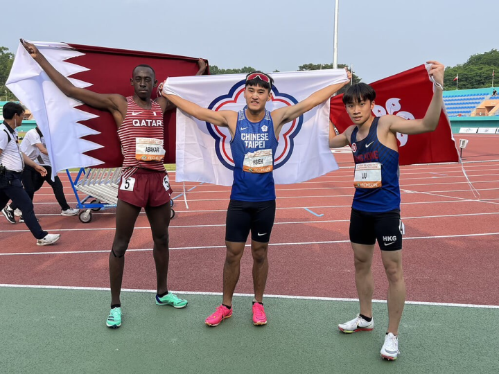 From left, Oumar Doudai O Abakar from Qatar, Hsieh Yuan-kai from Taiwan and Liu Hiu-long from Hong Kong celebrate after finishing second, first and third respectively in the men's 110 meters hurdles final at the Asian U20 Athletics Championships in South Korea Wednesday. Photo: Chinese Taipei Athletics Association June 7, 2023