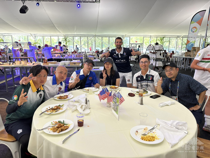 Players engaging in conversations with international athletes during mealtime. 