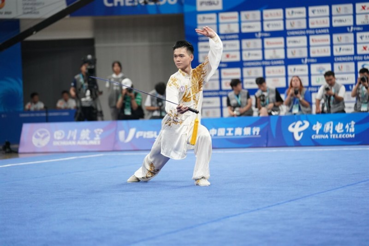Taiwan swordsman Sun Chia-hung at the men's Taijijian. Photo courtesy of Chinese Taipei University Sports Federation July 29, 2023