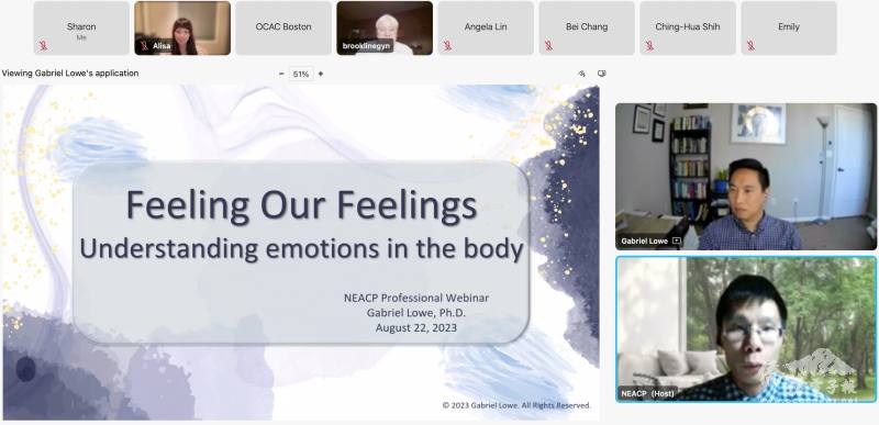 專協會長林致中 (右下) 介紹主講 Gabriel Lowe (右上)