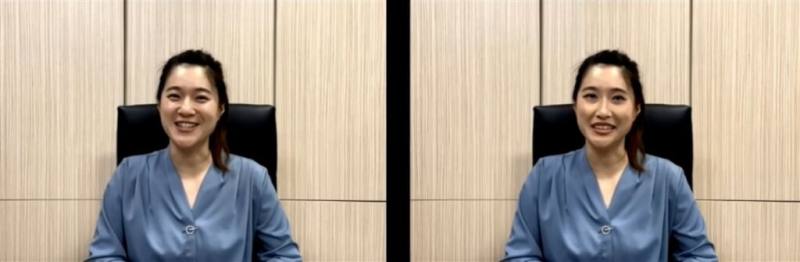 法務部調查局27日示範真實影片（左）與經過AI深度偽造的假影片（右），並解釋透過偵測軟體、網路開源平台及傳統影像分析，均可辨別出影片人物真假差異，呼籲民眾不要輕易上當。（法務部調查局提供）