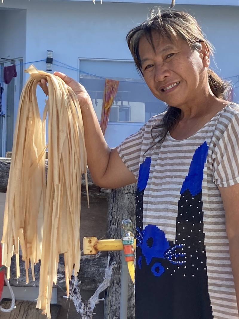 文化課程田調過程中，江百綺老師展示水洗處理後的芭蕉科馬尼拉麻蕉纖維