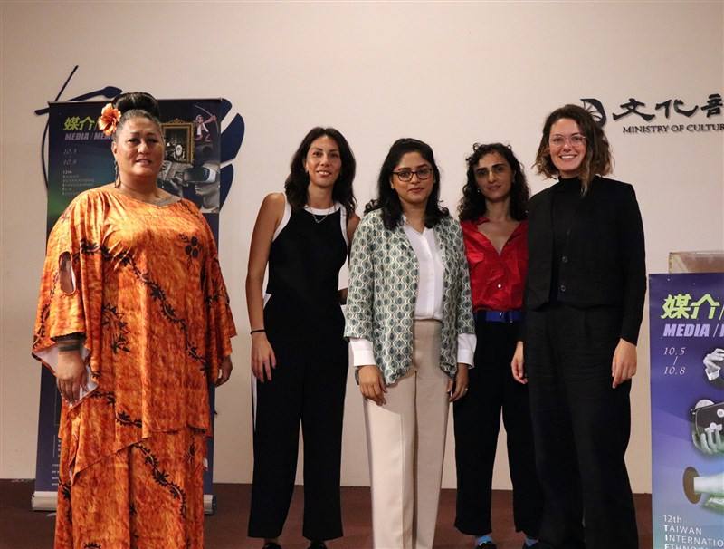 (From left) Directors Hinaleimoana Kwai Kong Wong-Kalu, Carolina Arias Ortiz, Humaira Bilkis, Işıl Karataş, and Suzanne Elizabeth Schaaf attend a news conference on the 2023 Taiwan International Ethnographic Film Festival (TIEFF) in Taipei on Thursday. Ph