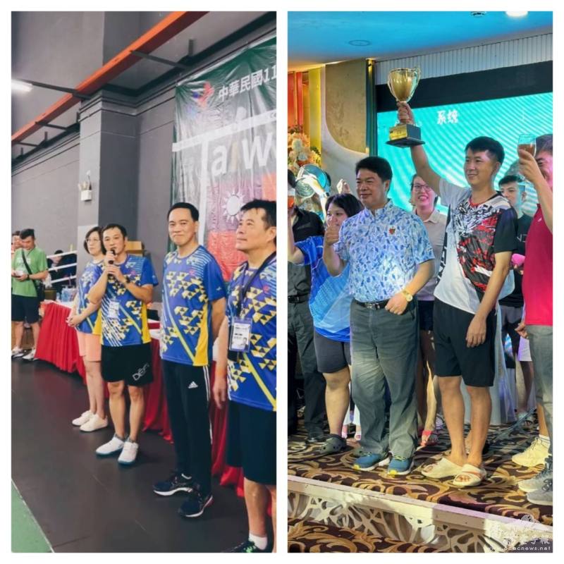 左圖為會長吳昭宏致詞；右圖為處長韓國耀頒發冠軍獎盃予金寶虎隊