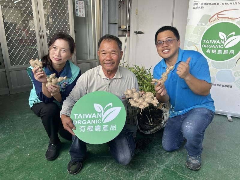 農業部農糧署東區分署長徐煇妃（左1）與百大青農、台東薑達人李奇軍（右）、李清亮（中）父子16日舉辦「友善好薑好味道 暖心又暖胃」參訪活動，讓消費者深入瞭解在地生薑產業，並行銷有機友善優質農產品。